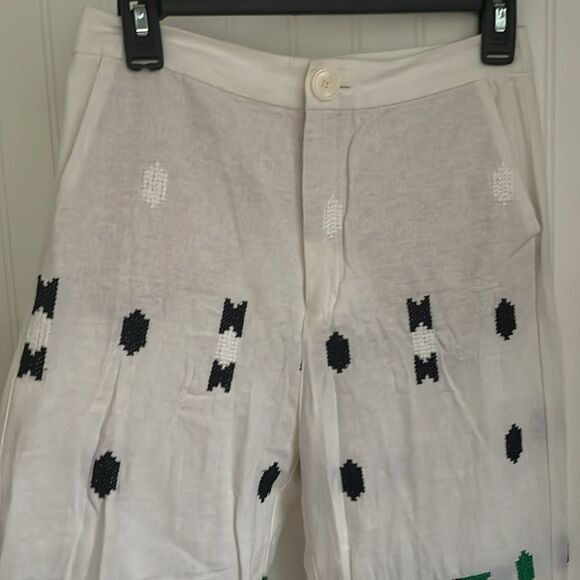 Zara Embroidered Linen Blend Pants White Green Aztec Design Pocket Blogger Fav S - Picture 3 of 16